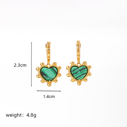 1 Pair Elegant Retro Oval Heart Shape Enamel Plating Inlay Copper Natural Stone Malachite Shell 18k Gold Plated Drop Earrings