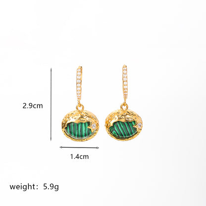 1 Pair Elegant Retro Oval Heart Shape Enamel Plating Inlay Copper Natural Stone Malachite Shell 18k Gold Plated Drop Earrings