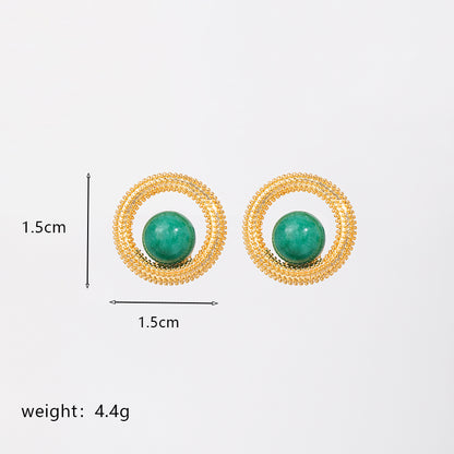 1 Pair Retro Commute Round Plating Inlay Copper Natural Stone Agate 18k Gold Plated Earrings