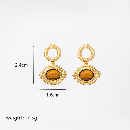 1 Pair Retro Commute Round Plating Inlay Copper Natural Stone Agate 18k Gold Plated Earrings