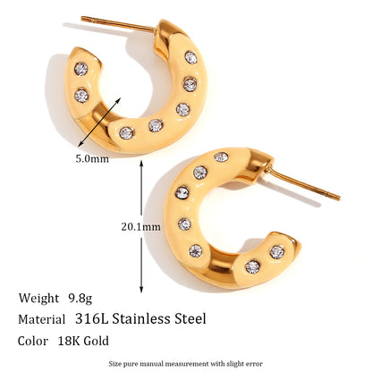 1 Pair Sweet Classic Style C Shape Enamel Plating Inlay Stainless Steel Rhinestones 18k Gold Plated Ear Studs