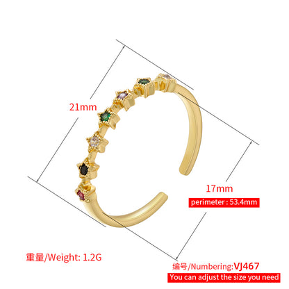 Elegant Luxurious Star Copper Plating Inlay Zircon 18k Gold Plated Open Rings