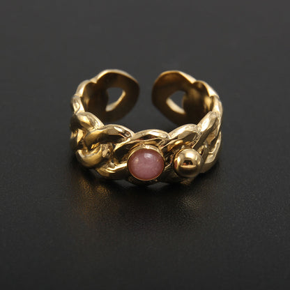 Baroque Style Solid Color Stainless Steel Plating Inlay Natural Stone Gold Plated Open Rings