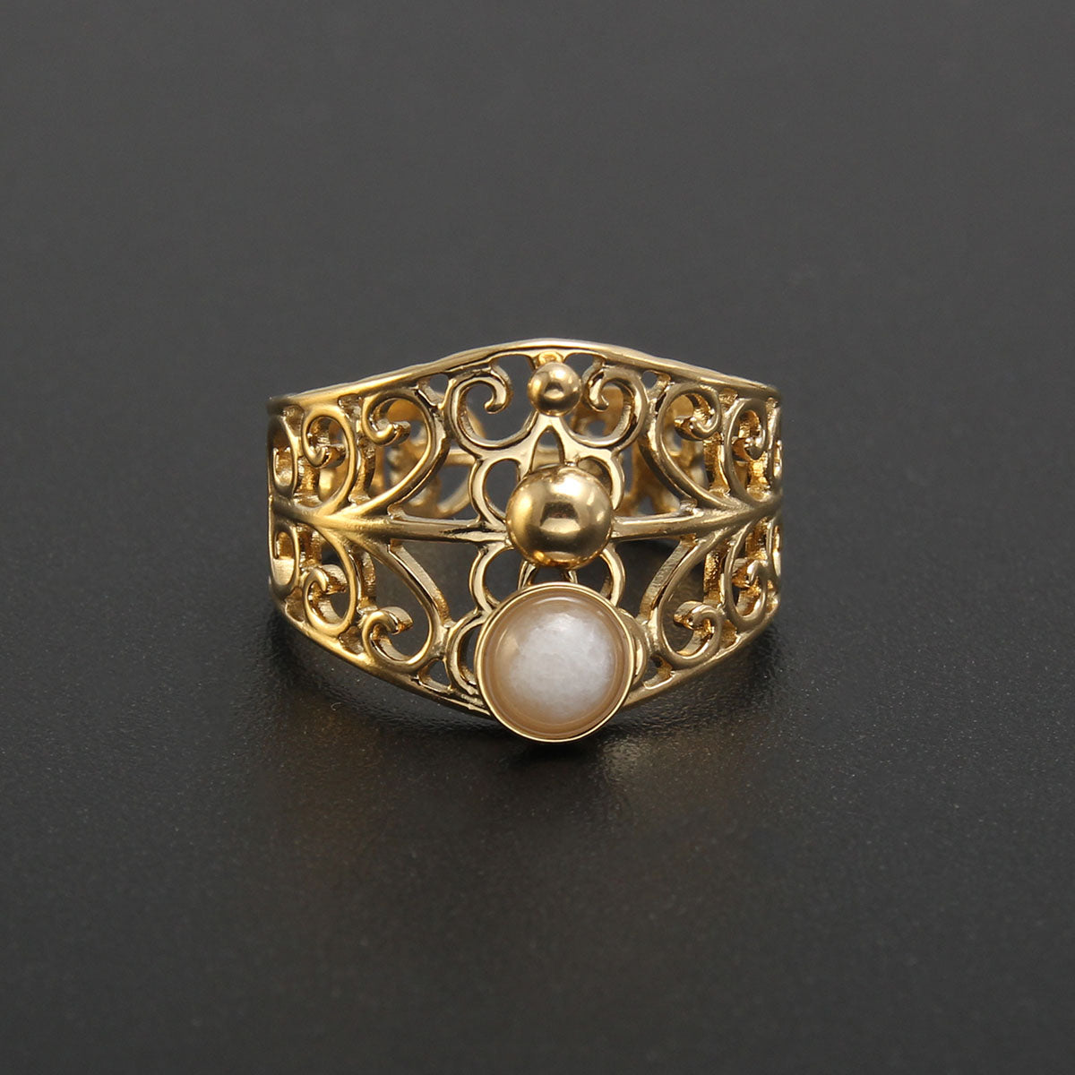 Baroque Style Solid Color Stainless Steel Plating Inlay Natural Stone Gold Plated Open Rings