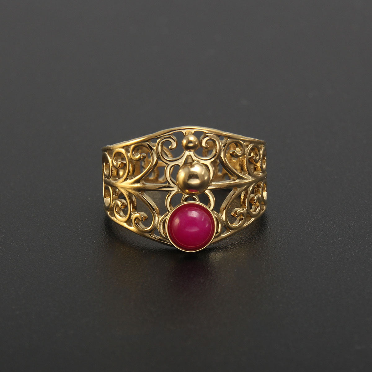 Baroque Style Solid Color Stainless Steel Plating Inlay Natural Stone Gold Plated Open Rings