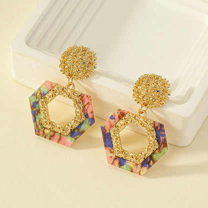 1 Pair Retro Vacation Hexagon Round Oval Plating Hollow Out Arylic Alloy Drop Earrings