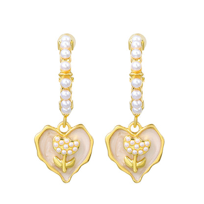 1 Pair Ig Style Heart Shape Flower Plating Inlay Alloy Artificial Pearls 14k Gold Plated Drop Earrings