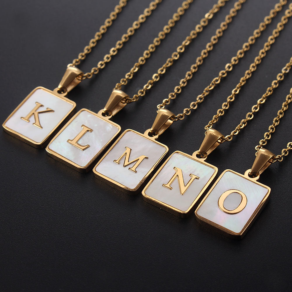 Hot Selling Fashion Stainless Steel Square Shell 26 Letter Necklace