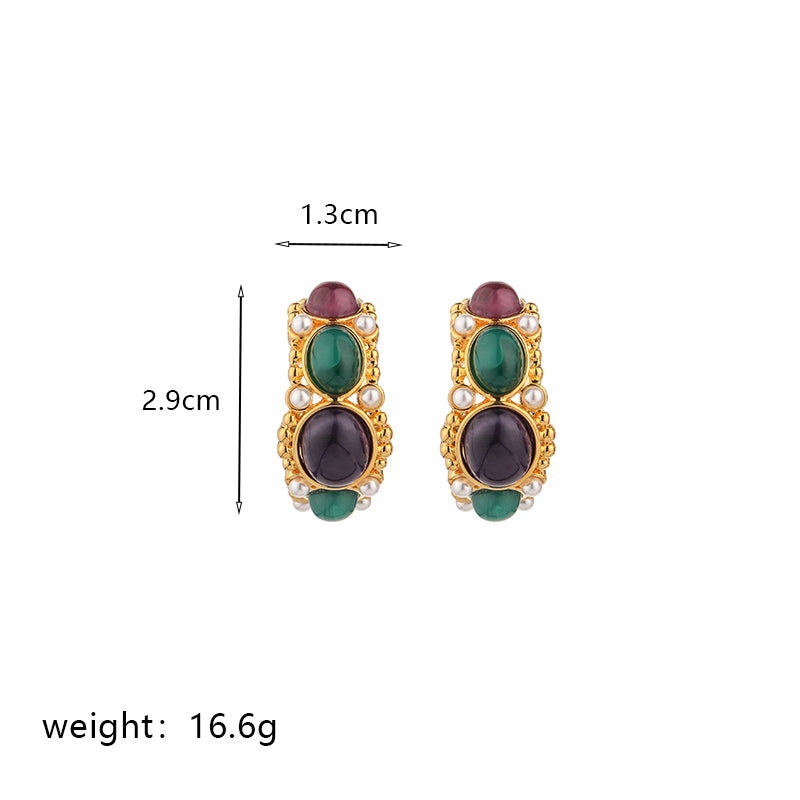 1 Pair Commute Round Plating Inlay Imitation Pearl Copper Turquoise Agate 18k Gold Plated Drop Earrings Ear Studs