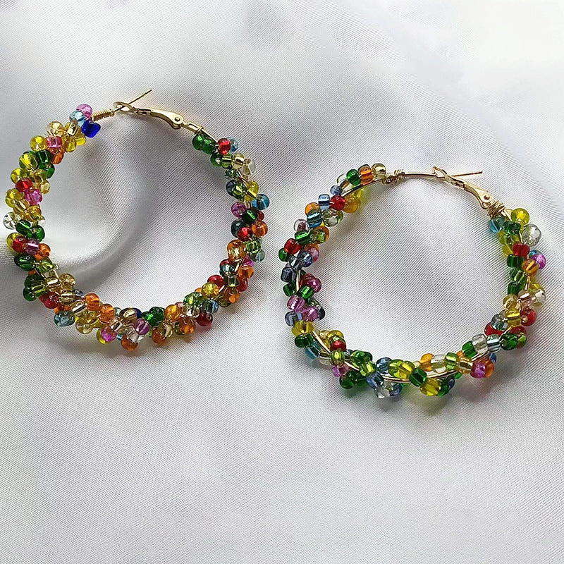 1 Pair Vacation Ethnic Style Round Seed Bead Metal Hoop Earrings