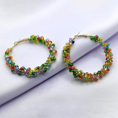 1 Pair Vacation Ethnic Style Round Seed Bead Metal Hoop Earrings