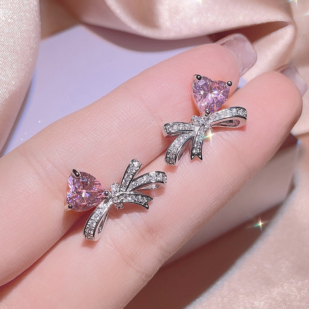 Elegant Sweet Bow Knot Titanium Steel Inlay Zircon Rings Earrings Necklace