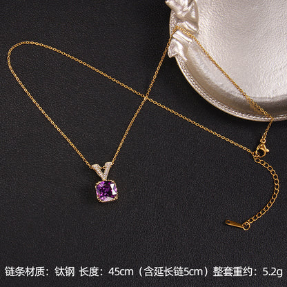 Lady Korean Style Geometric Square Heart Shape Copper Plating Inlay Zircon Pendant Necklace