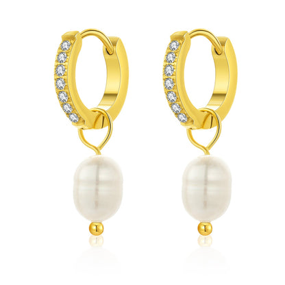 1 Pair Simple Style Solid Color Inlay Stainless Steel Rhinestones Pearl Gold Plated Drop Earrings