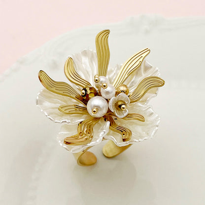 Romantic Flower Stainless Steel Plating Inlay Pearl Gold Plated Rings