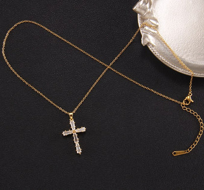 Elegant Lady Cross Copper Plating Inlay Zircon Pendant Necklace