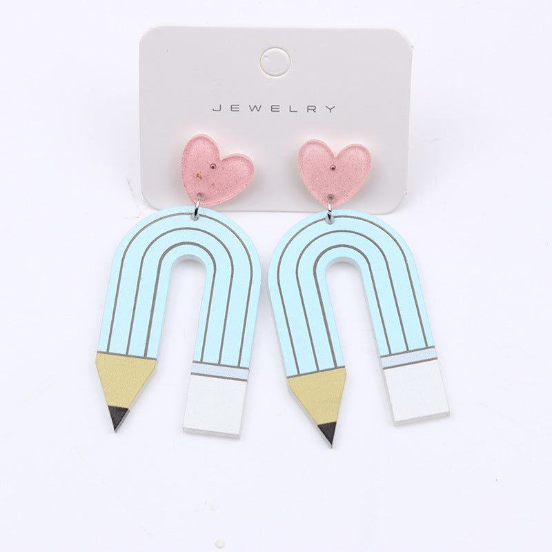 1 Pair Cute U Shape Heart Shape Pencil Printing Spray Paint Arylic Drop Earrings