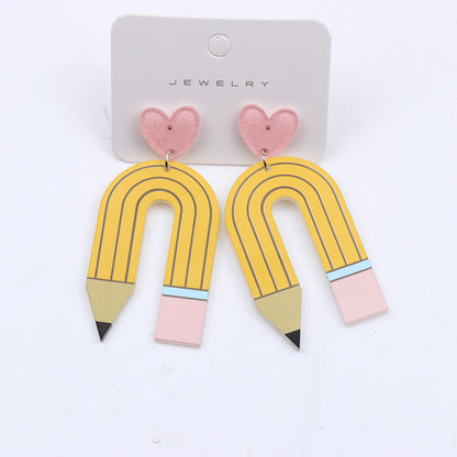 1 Pair Cute U Shape Heart Shape Pencil Printing Spray Paint Arylic Drop Earrings