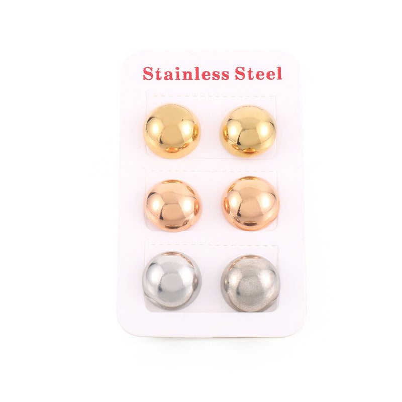 3 Pairs Elegant Cute Round Stainless Steel Ear Studs