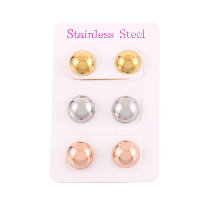 3 Pairs Elegant Cute Round Stainless Steel Ear Studs