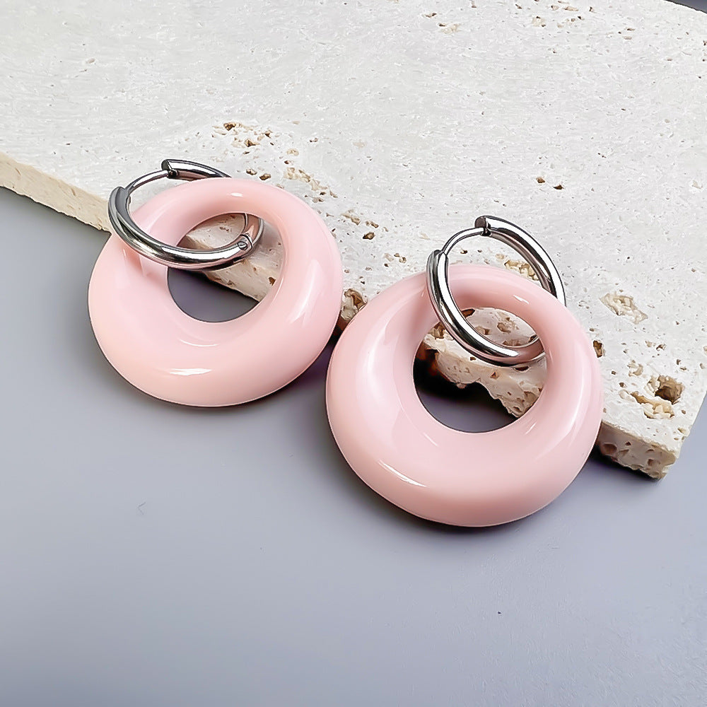 1 Pair Sweet Round Stainless Steel Resin Earrings