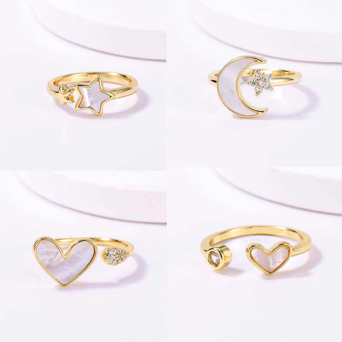 Casual Sweet Star Moon Heart Shape Shell Plating Inlay Shell Zircon 18k Gold Plated Women's Open Rings