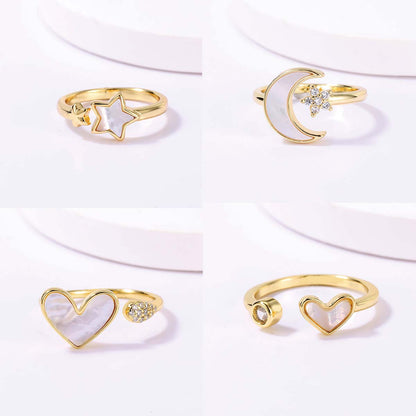 Casual Sweet Star Moon Heart Shape Shell Plating Inlay Shell Zircon 18k Gold Plated Women's Open Rings