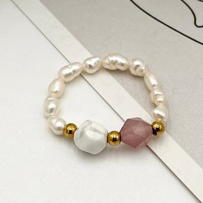 Elegant Simple Style Round Natural Stone Freshwater Pearl Beaded Plating Gold Plated Women's Rings