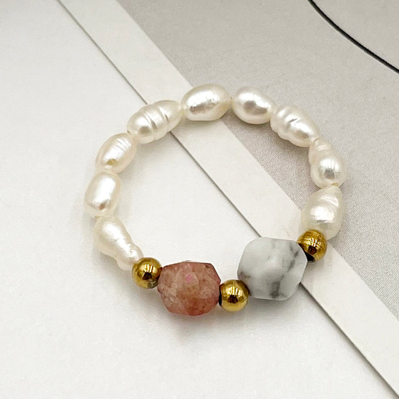 Elegant Simple Style Round Natural Stone Freshwater Pearl Beaded Plating Gold Plated Women's Rings