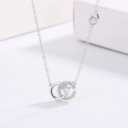 Elegant Double Ring Sterling Silver Zircon Pendant Necklace In Bulk