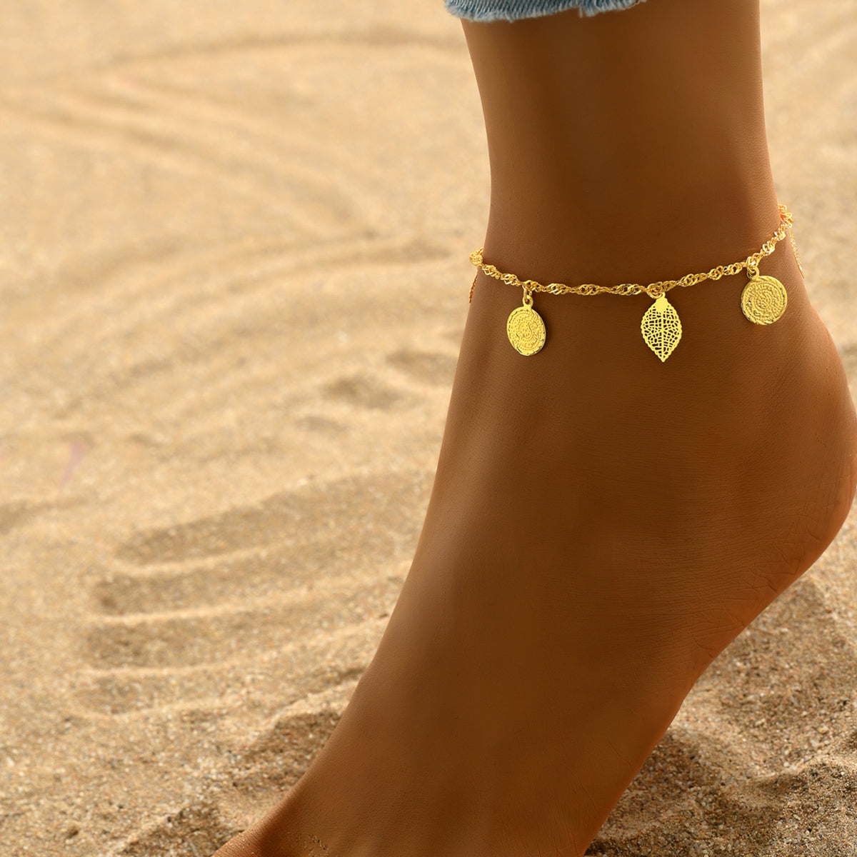 Simple Style Leaves Coin Butterfly 18k Gold Plated Copper Wholesale Anklet