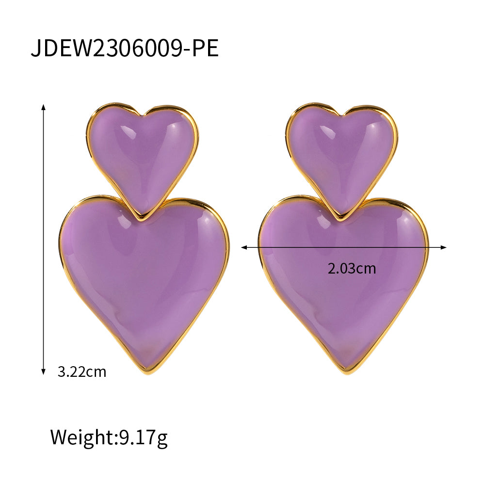 1 Pair Retro Heart Shape Enamel Plating Stainless Steel 18k Gold Plated Drop Earrings