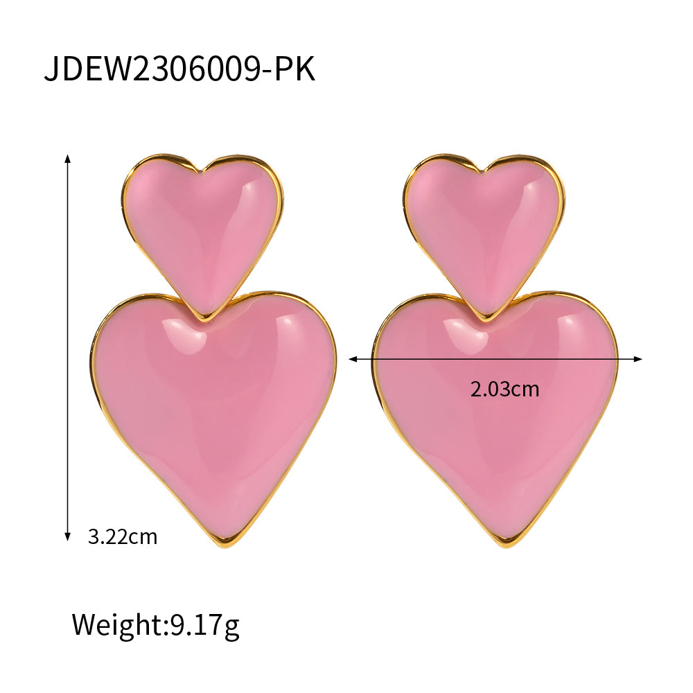 1 Pair Retro Heart Shape Enamel Plating Stainless Steel 18k Gold Plated Drop Earrings