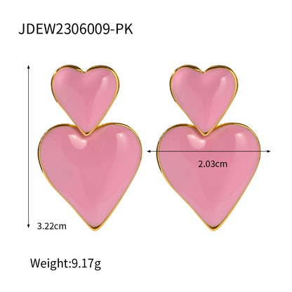 1 Pair Retro Heart Shape Enamel Plating Stainless Steel 18k Gold Plated Drop Earrings