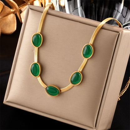 Elegant Retro Geometric Stainless Steel Plating Inlay Artificial Gemstones 18k Gold Plated Bracelets Earrings Necklace