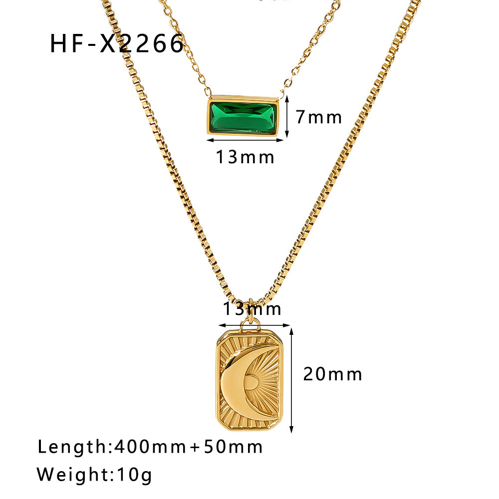 Retro Streetwear Geometric Moon Stainless Steel Titanium Steel Plating Inlay Zircon Double Layer Necklaces