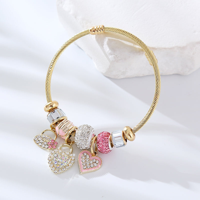 Wholesale Jewelry Elegant Lady Round Heart Shape Alloy Rhinestones Inlay Bangle