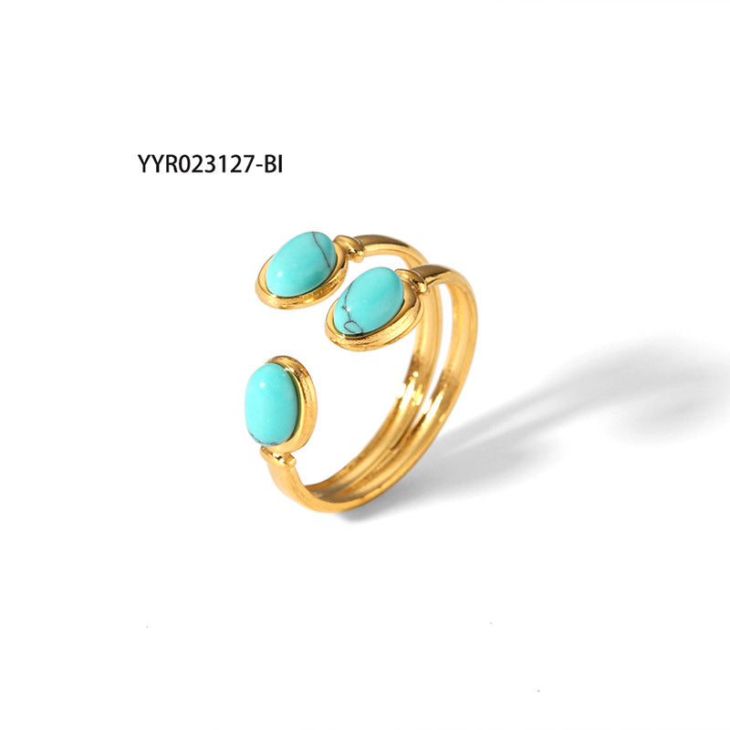 Retro Water Droplets Titanium Steel Irregular Plating Inlay Turquoise Open Rings