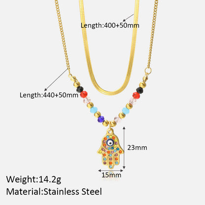 Simple Style Shiny Palm Stainless Steel Plating Inlay Zircon 18k Gold Plated Double Layer Necklaces