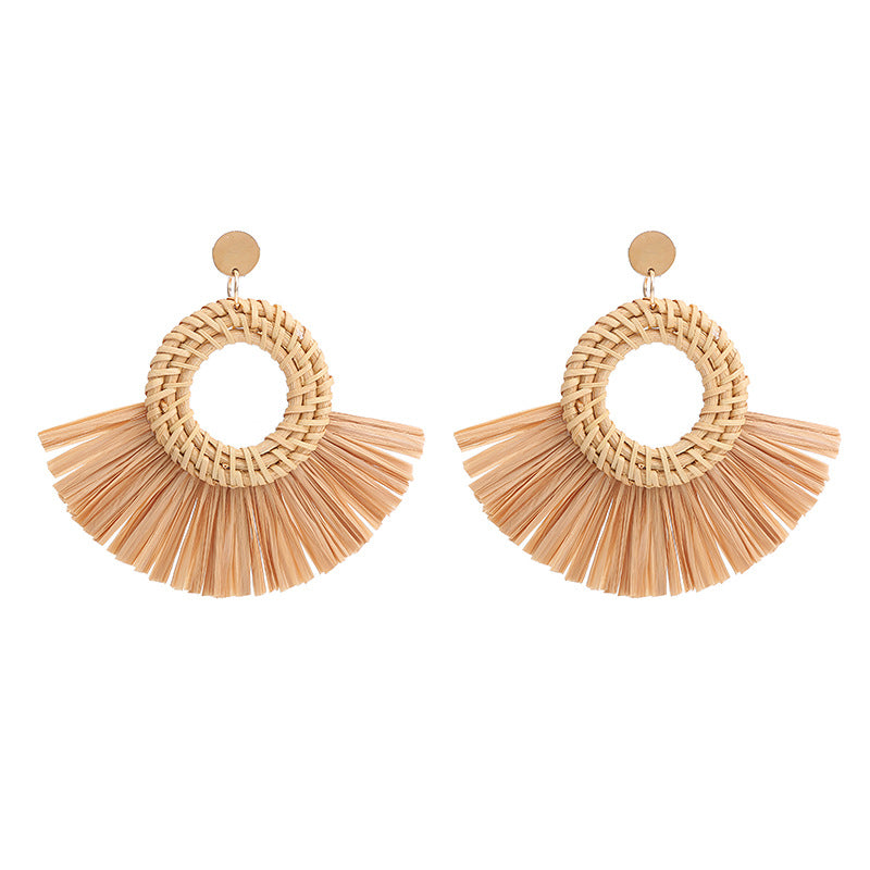 1 Pair Retro Round Sector Raffia Rattan Drop Earrings