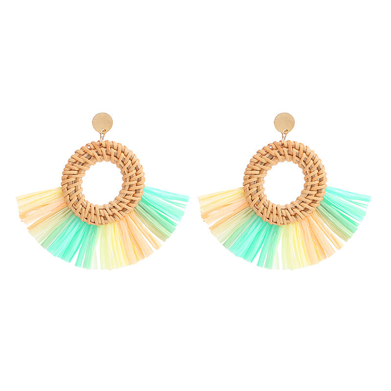 1 Pair Retro Round Sector Raffia Rattan Drop Earrings