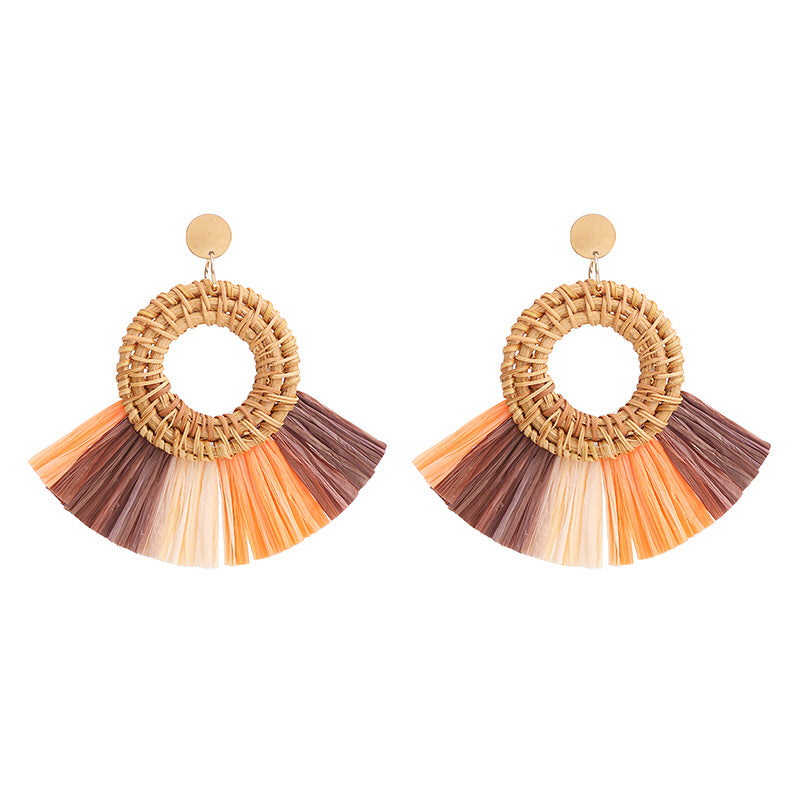 1 Pair Retro Round Sector Raffia Rattan Drop Earrings