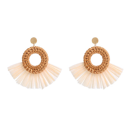 1 Pair Retro Round Sector Raffia Rattan Drop Earrings