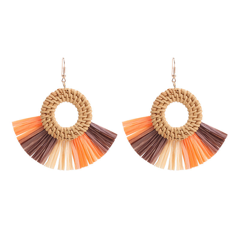 1 Pair Retro Round Sector Raffia Rattan Drop Earrings