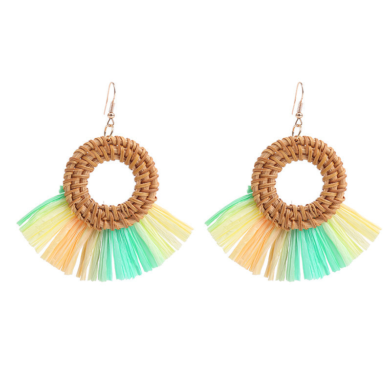 1 Pair Retro Round Sector Raffia Rattan Drop Earrings