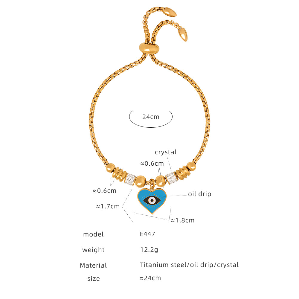 Luxurious Tropical Shiny Heart Shape Eye Titanium Steel Enamel Plating Inlay Zircon 18k Gold Plated Bracelets Drawstring Bracelets