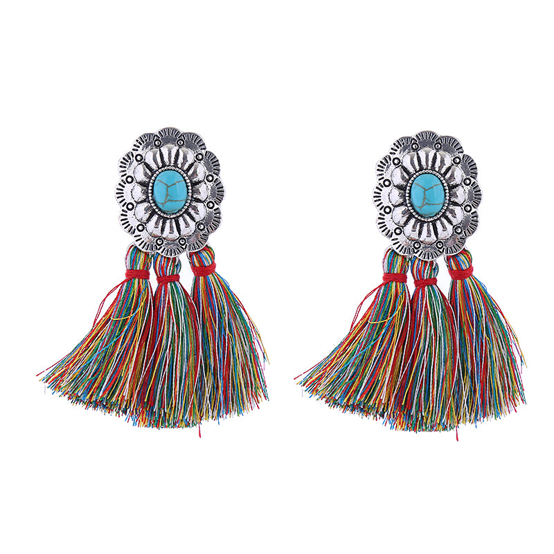 1 Pair Vintage Style Baroque Style Modern Style Tassel Plating Inlay Alloy Turquoise Silver Plated Drop Earrings