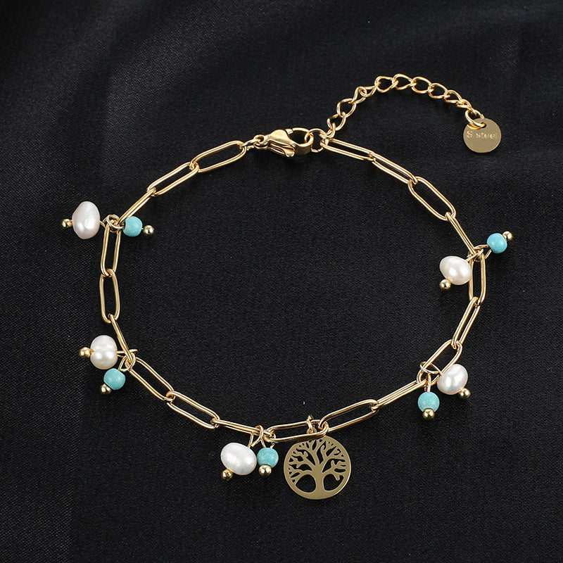 Retro Ethnic Style Star Tree Heart Shape Stainless Steel Beaded Plating Inlay Turquoise Zircon 18k Gold Plated Bracelets