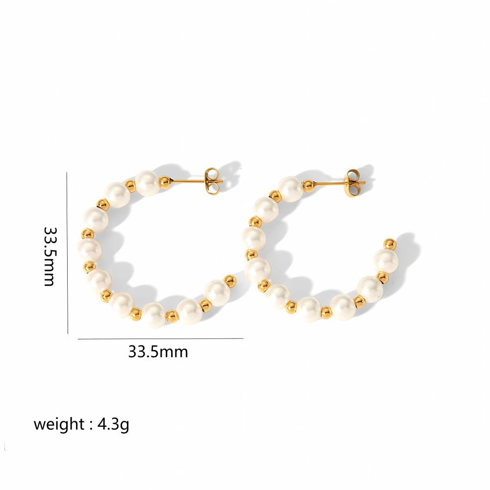 1 Pair Lady C Shape Beaded Inlay Stainless Steel Artificial Pearls 18k Gold Plated Earrings