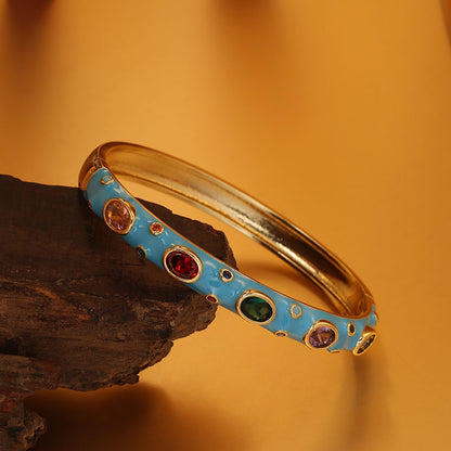 Casual Commute Colorful Spot Brass Enamel Plating Inlay Zircon 14k Gold Plated Bangle